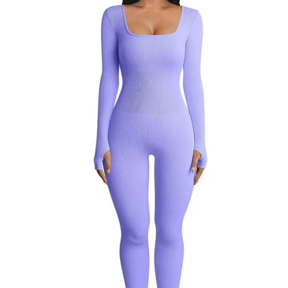 Popilush lavender ribbed long sleeve shape wear jumpsuit with thumb holes.
